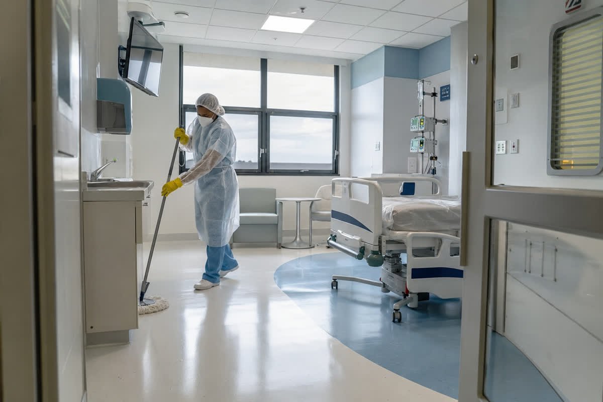 Profissional de limpeza hospitalar paramentada, com avental, touca, máscara e luvas, higienizando o piso de um quarto de hospital.